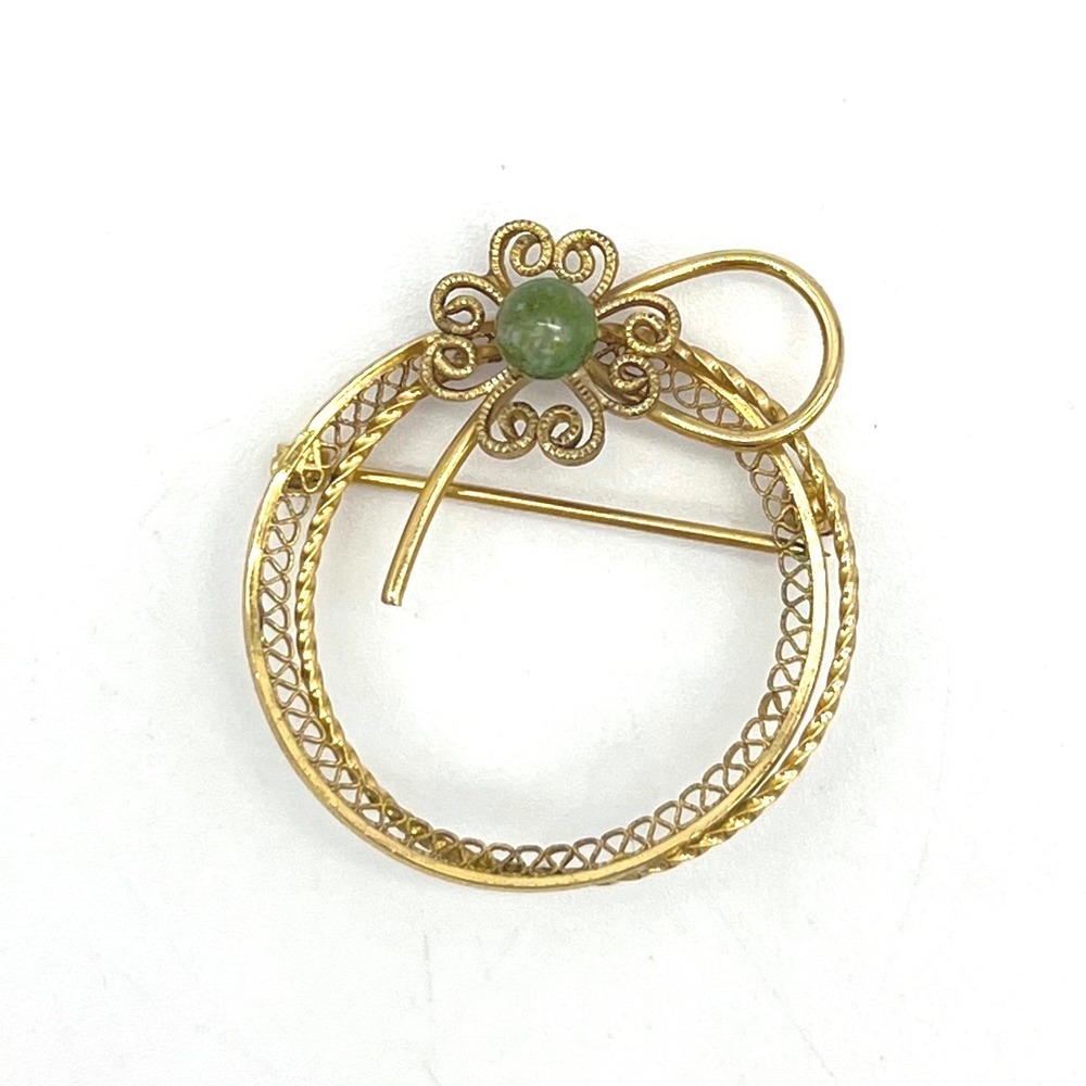 Vintage Gold Filled Filigree‎ Circle Pin Green Stone Flower Brooch